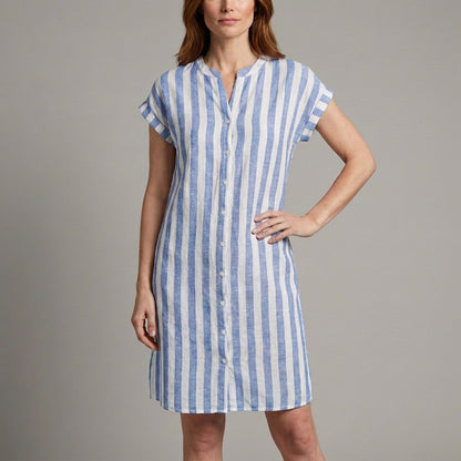Coastal Stripe Button Front Mini Dress with Relaxed Silhouette
