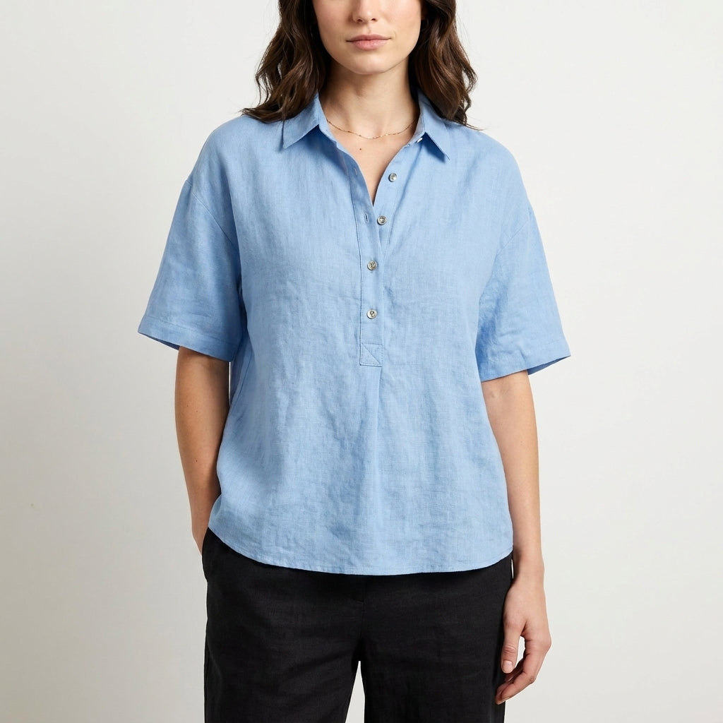 Relaxed Button Front Collared Short Sleeve Blouse