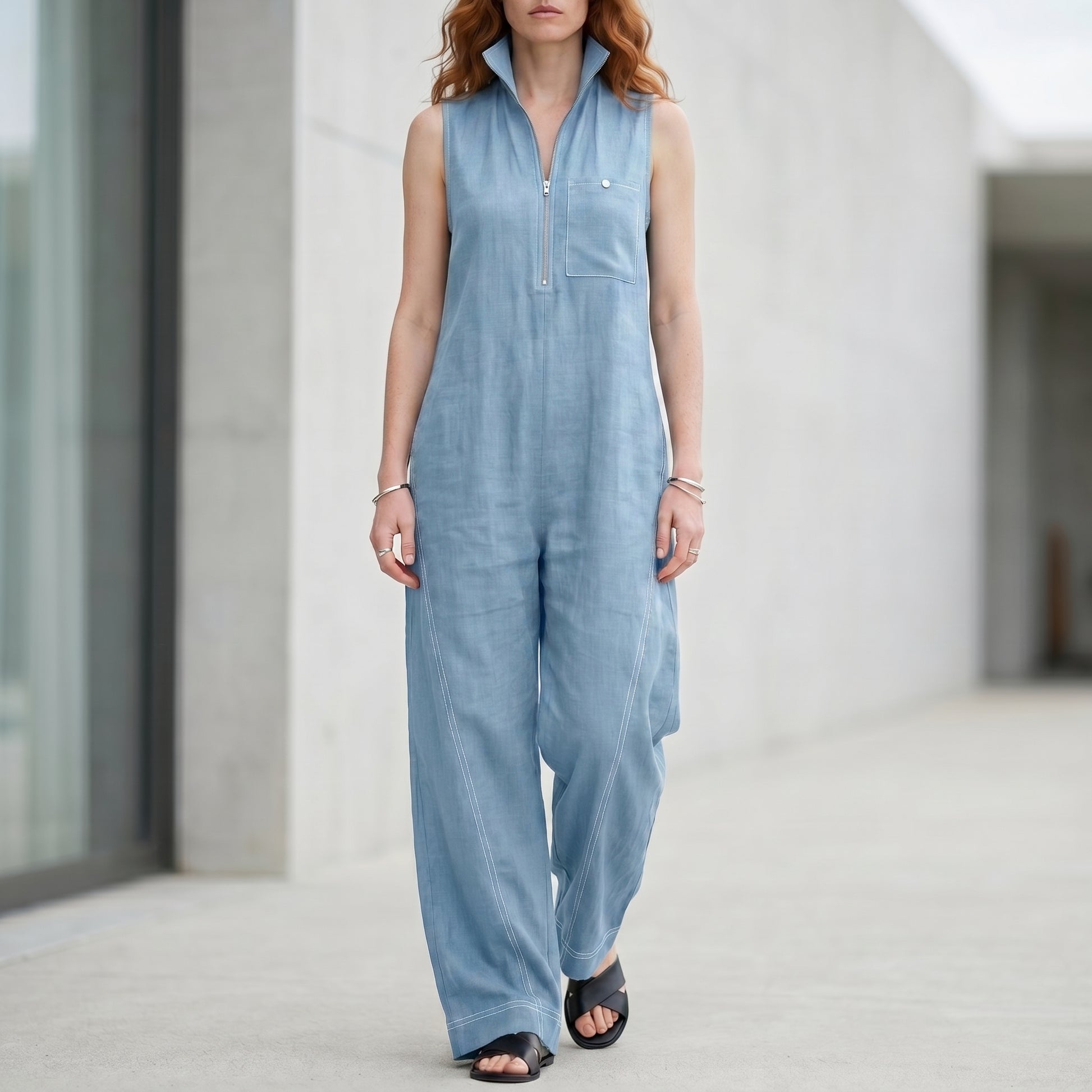 Tailored Zip-Front Sleeveless Wide-Leg Jumpsuit