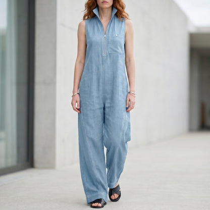Tailored Zip-Front Sleeveless Wide-Leg Jumpsuit