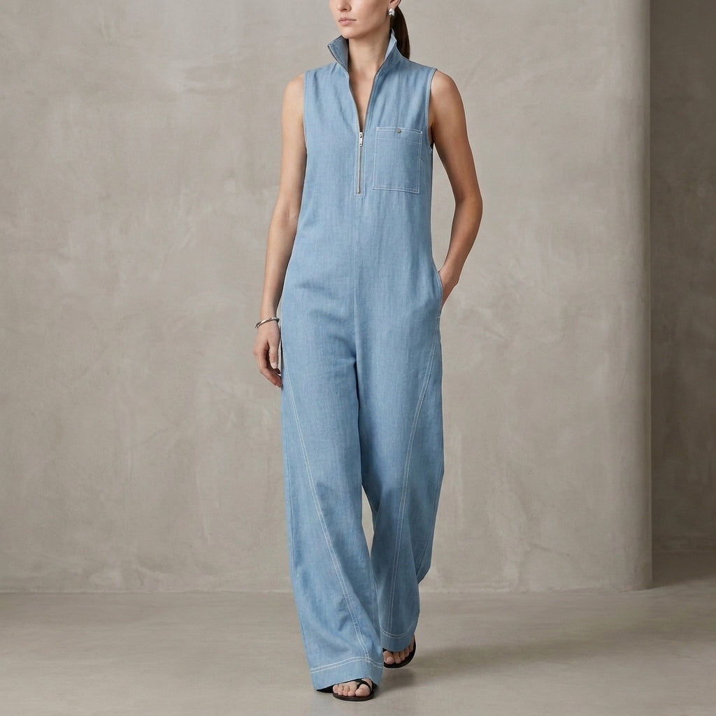 Relaxed Wide-Leg Sleeveless Jumpsuit with Structured Stand Collar