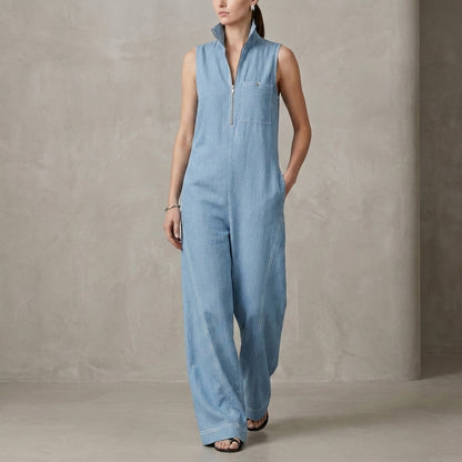 Relaxed Wide-Leg Sleeveless Jumpsuit with Structured Stand Collar