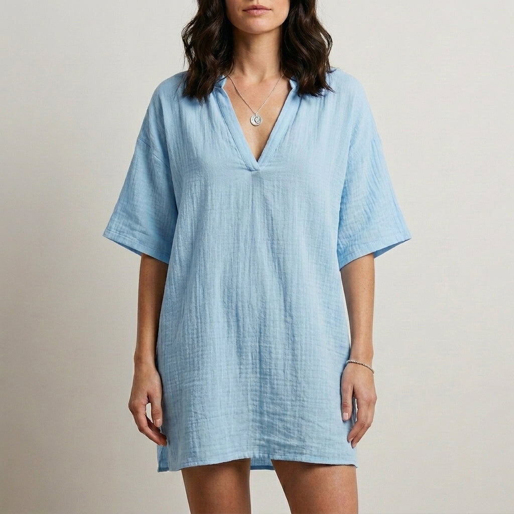 Relaxed V-Neck Mini Dress for Beach & Everyday Style