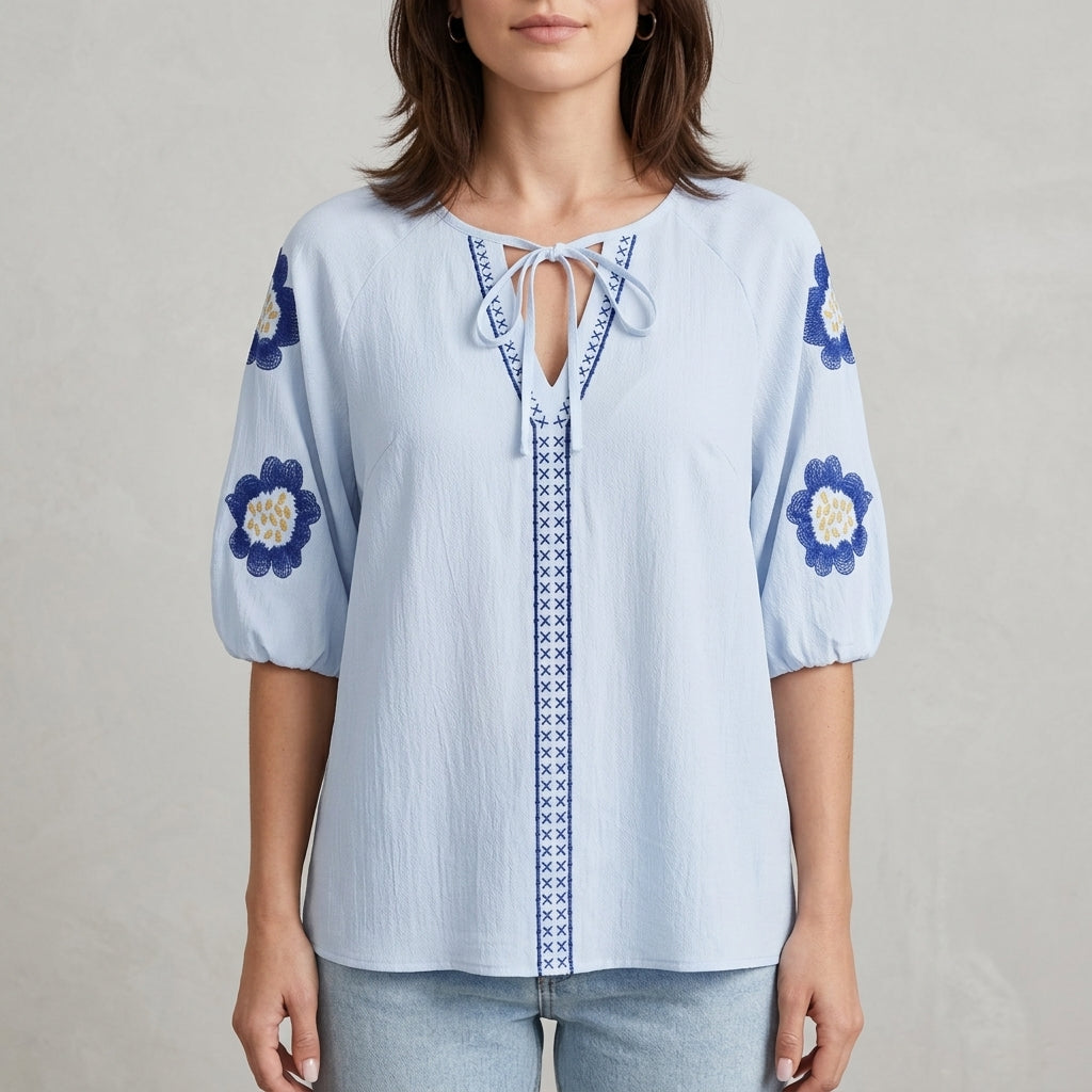 Floral Embroidered Split Neck Blouse for Effortless Elegance