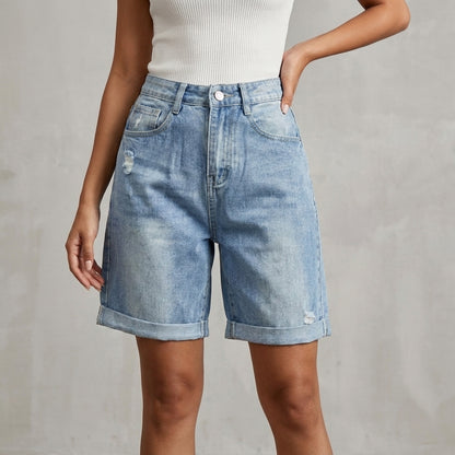 High-Waisted Relaxed Fit Shorts with Cuffed Hems and Distressed Accents