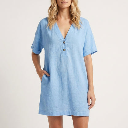 Relaxed V-Neck Mini Dress with Button Placket and Curved Hemline