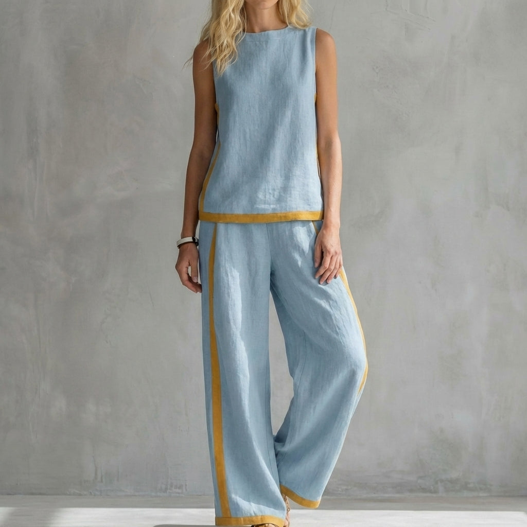 Contemporary Sleeveless Two-Piece Set with Wide-Leg Trousers and Contrast Trim
