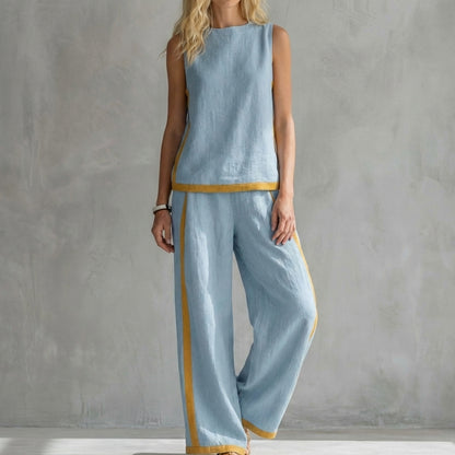 Contemporary Sleeveless Two-Piece Set with Wide-Leg Trousers and Contrast Trim