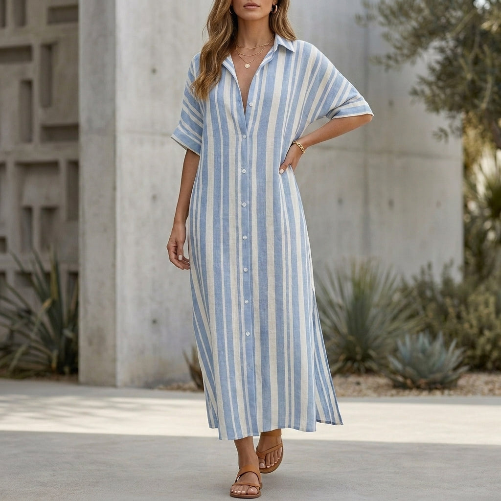 Relaxed Woven Maxi Shirt Dress with Vertical Stripes and Side Slits