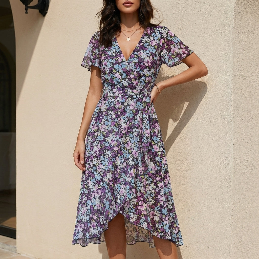 Romantic Floral Wrap Midi Dress with Ruffle Hem