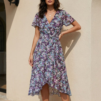Romantic Floral Wrap Midi Dress with Ruffle Hem
