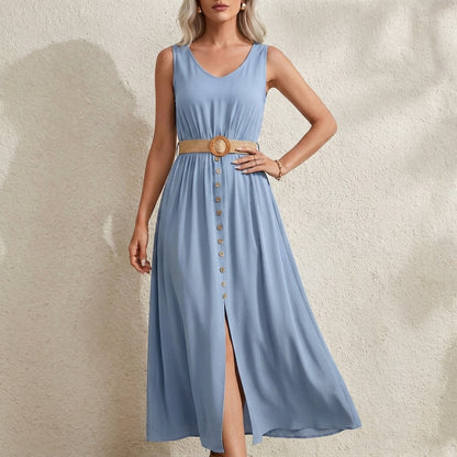 Belted Button Front Maxi Dress with Effortless Resort Charm
