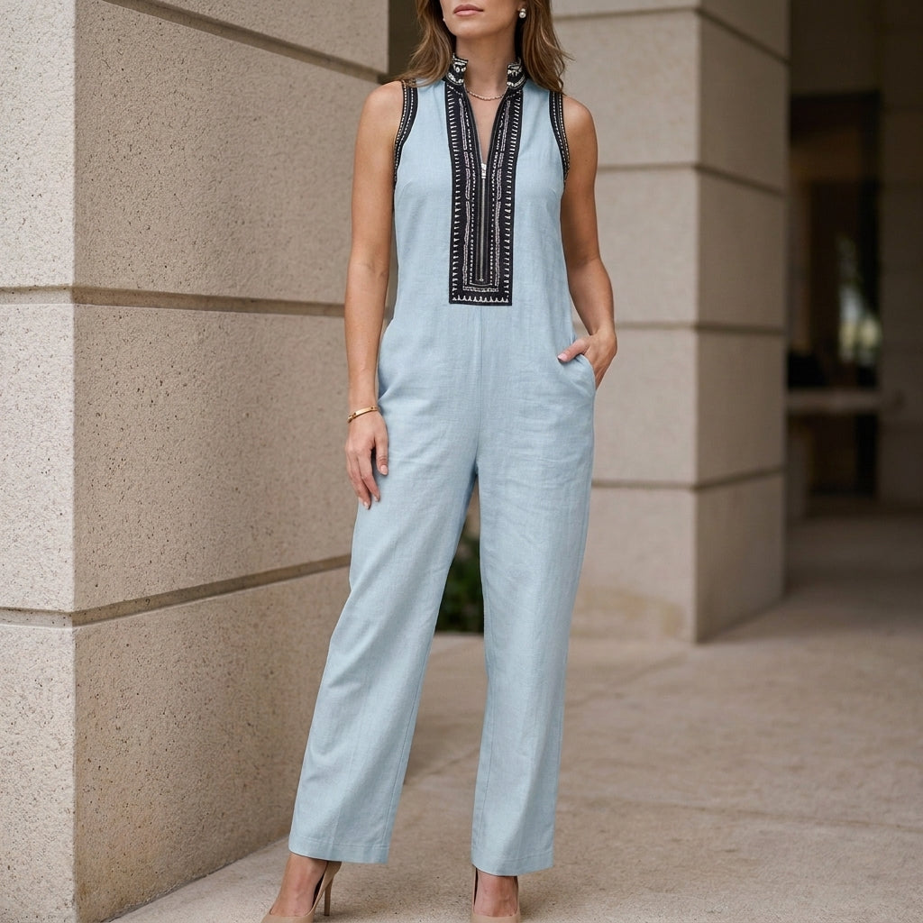 Relaxed Wide-Leg Sleeveless Jumpsuit with Embroidered Stand Collar