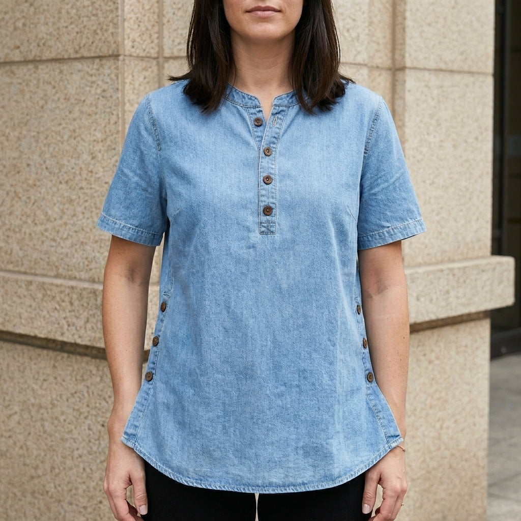 Relaxed Button-Front Denim Look Tunic Top