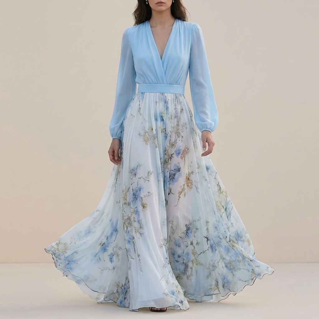 Chiffon Floral Maxi Dress with Flowing Sleeves and Belted Waist