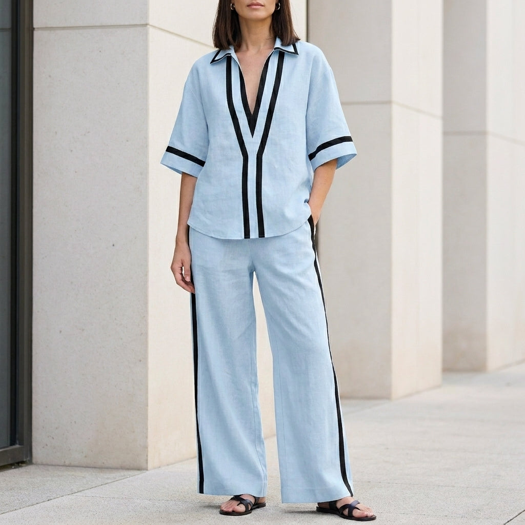 Coastal Chic Contrast Trim Top and Wide-Leg Pants Set