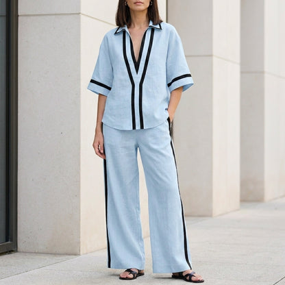 Coastal Chic Contrast Trim Top and Wide-Leg Pants Set
