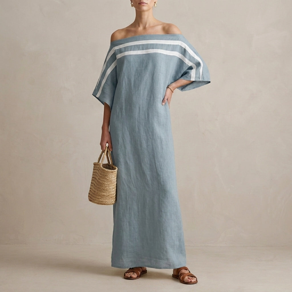 Oversized Off-Shoulder Striped Maxi Dress with Draped Sleeves