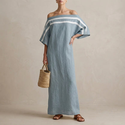 Oversized Off-Shoulder Striped Maxi Dress with Draped Sleeves