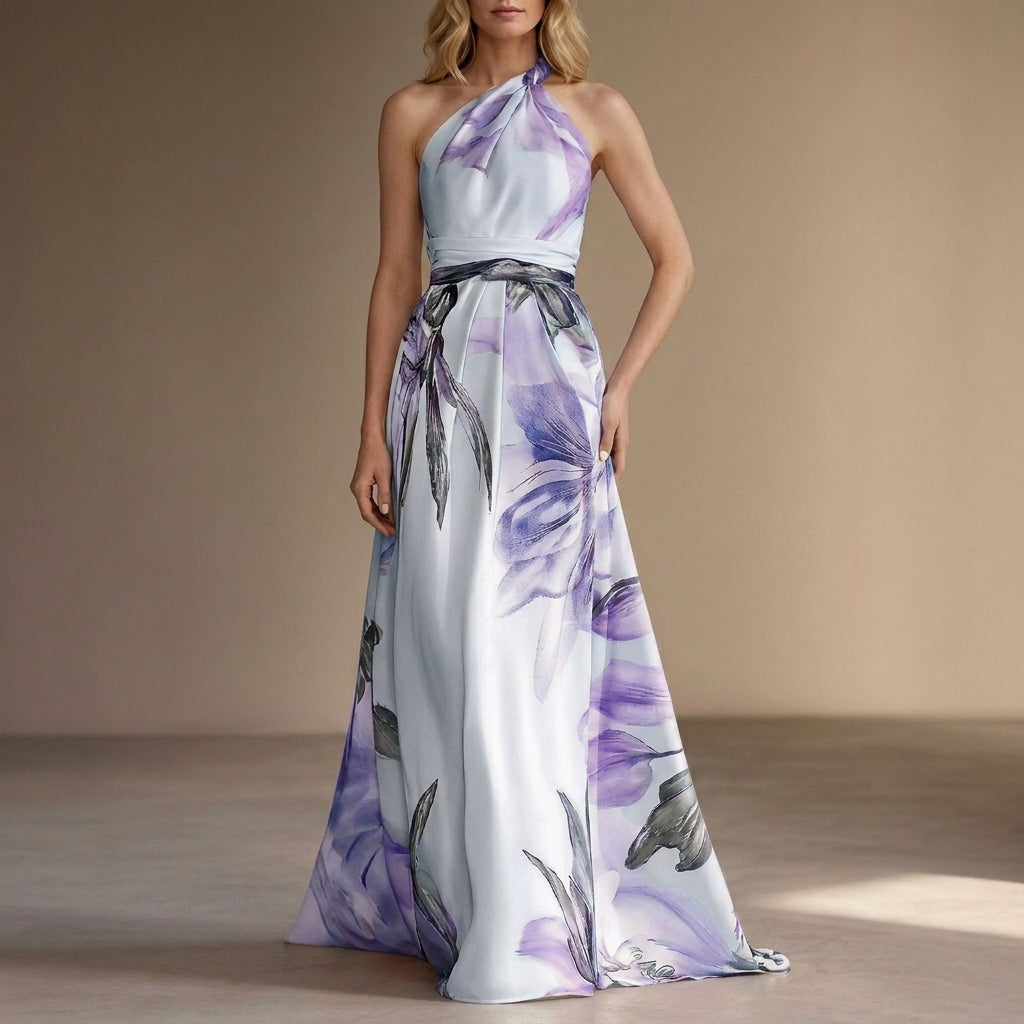 Floral Print Halter Maxi Dress with Defined Waist Detail