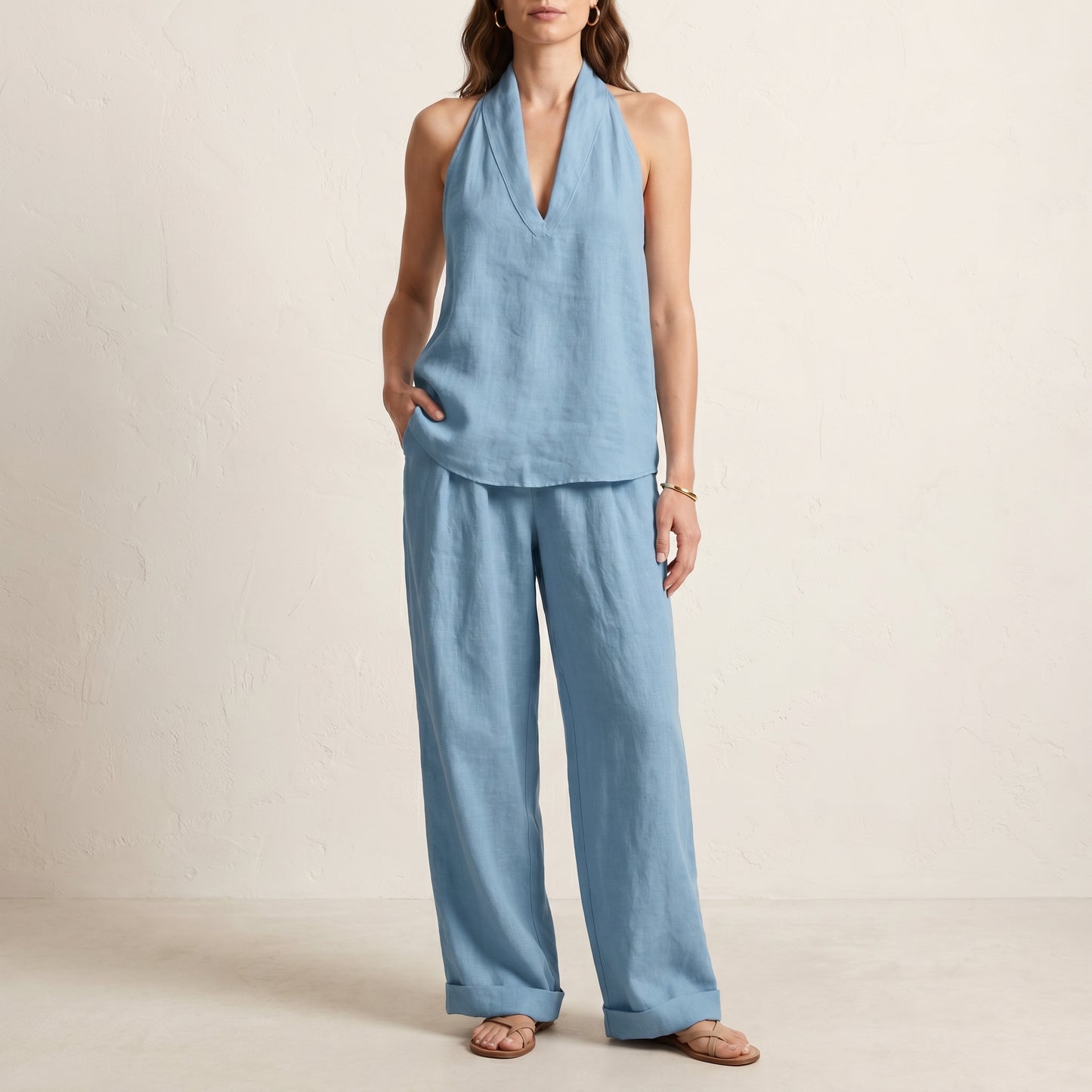 Relaxed Two-Piece Halter V-Neck Set with Wide-Leg Pants