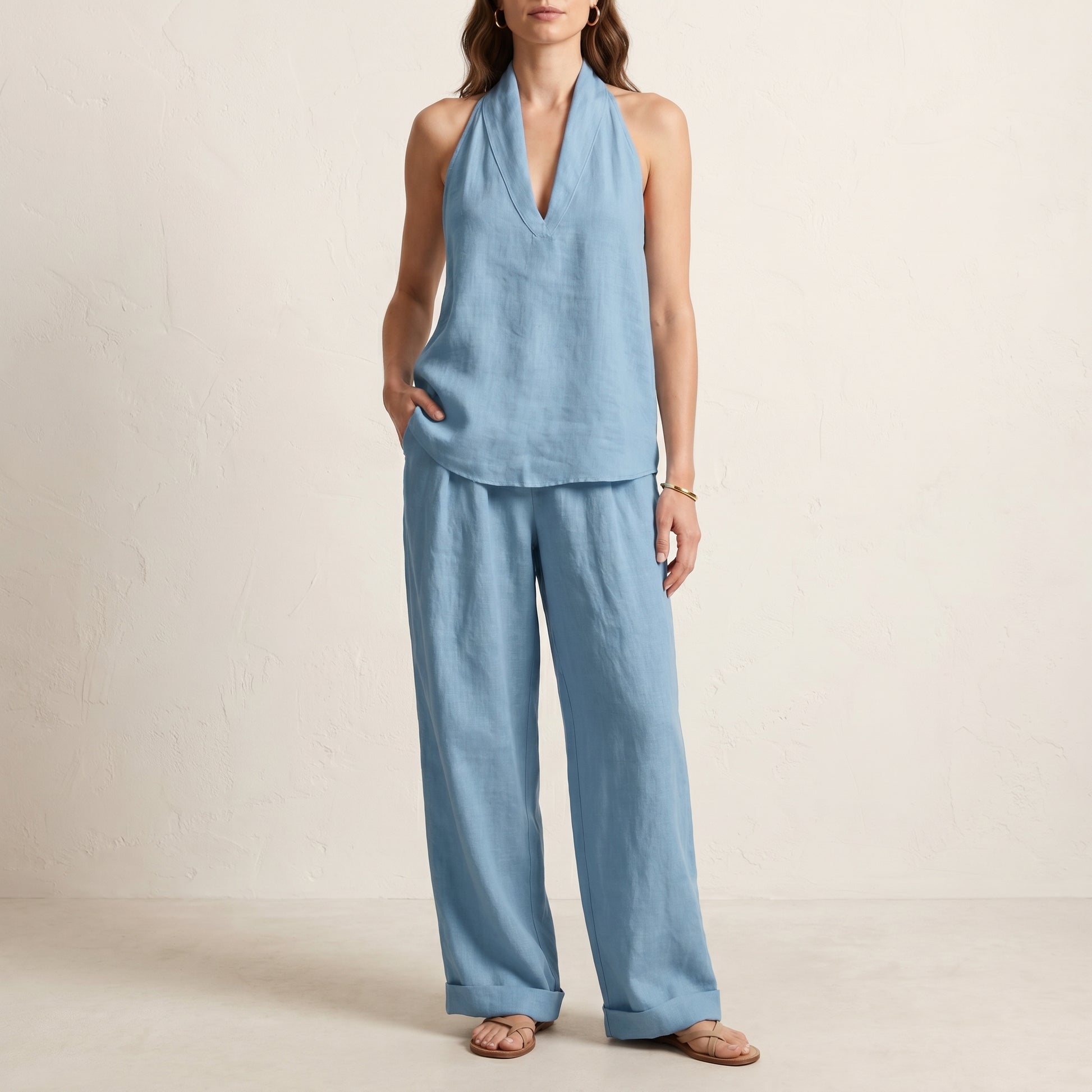 Relaxed Two-Piece Halter V-Neck Set with Wide-Leg Pants