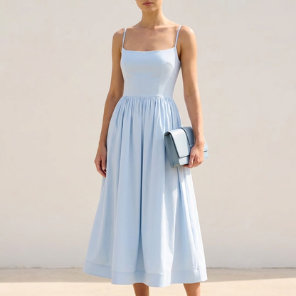 Anna Fitted Bodice A-Line Midi Dress with Spaghetti Straps