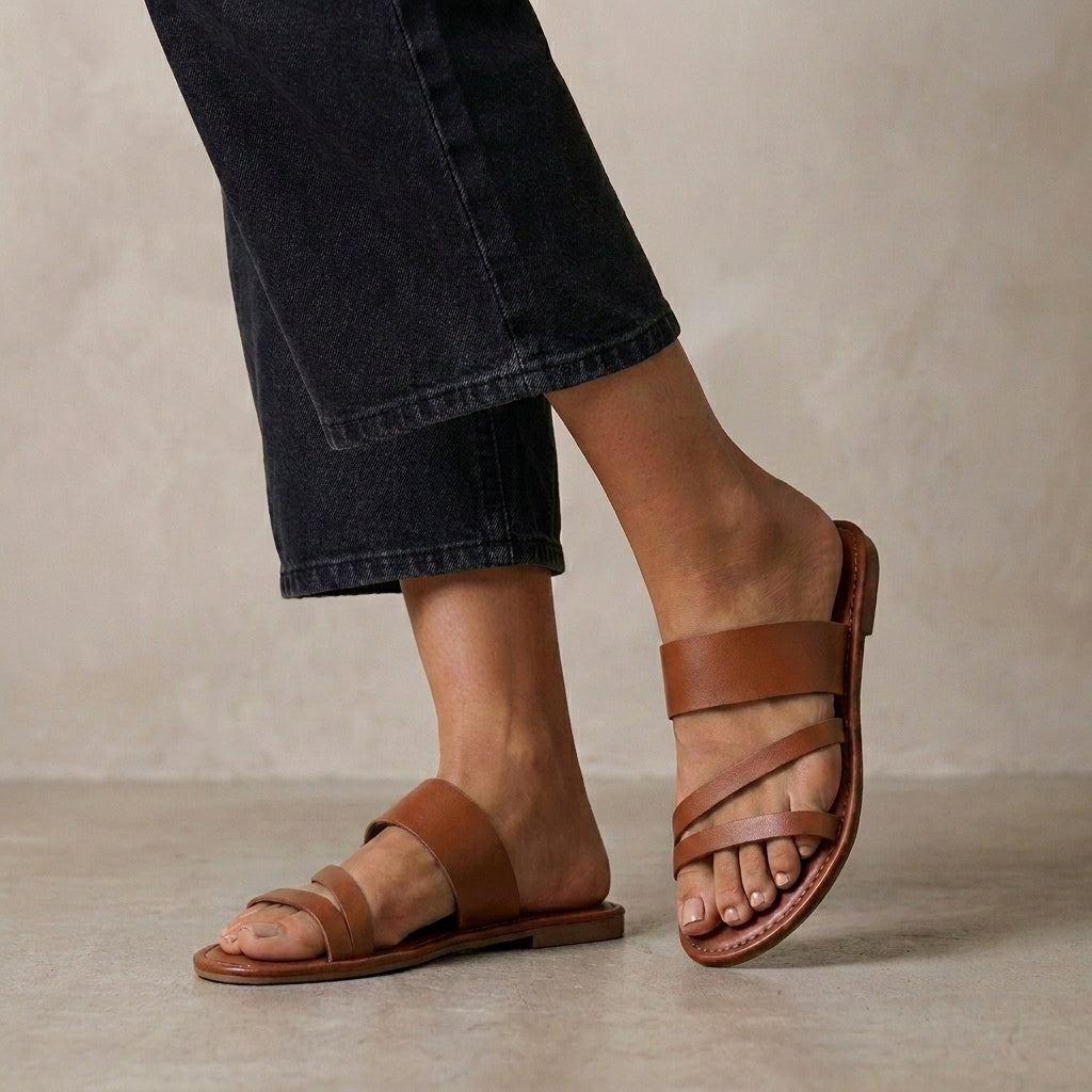 Multi-Strap Flat Sandals with Textured Grained Footbed