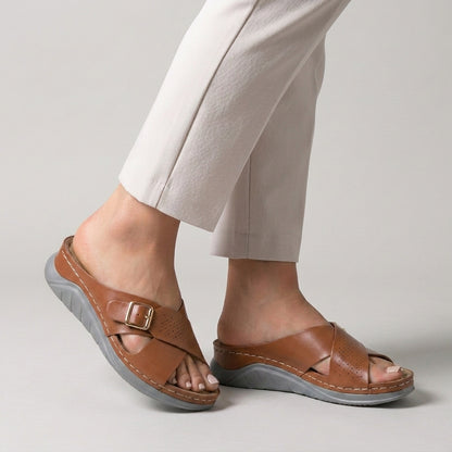 Buckle Accent Cross-Strap Comfort Slide Sandals