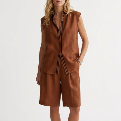 Relaxed Sleeveless Button-Up Shirt and Wide-Leg Pleated Shorts Set