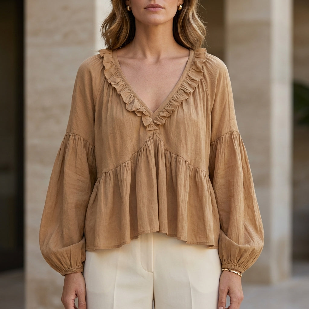 Ruffle Trim V-Neck Peplum Blouse