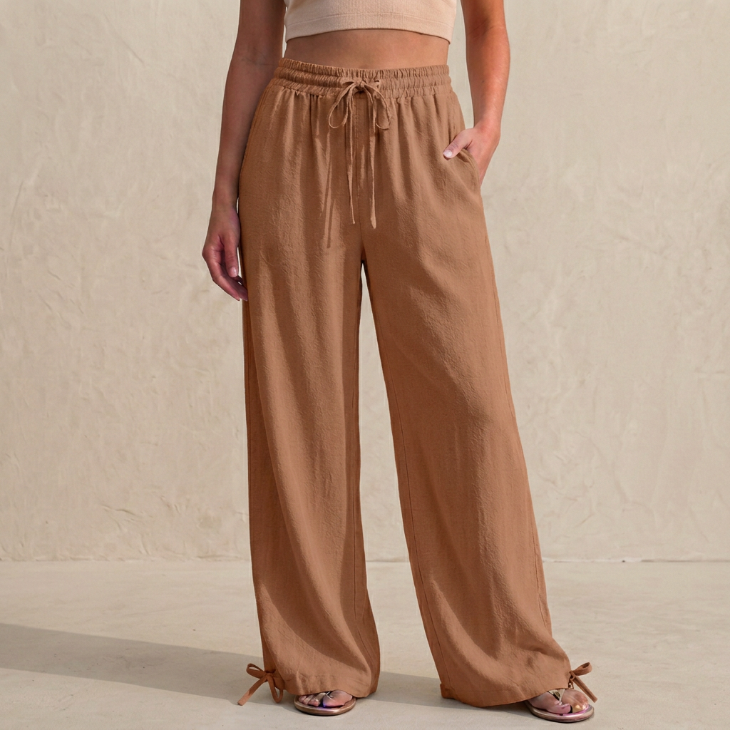 Relaxed Wide-Leg Trousers with Drawstring and Ankle Tie Detail