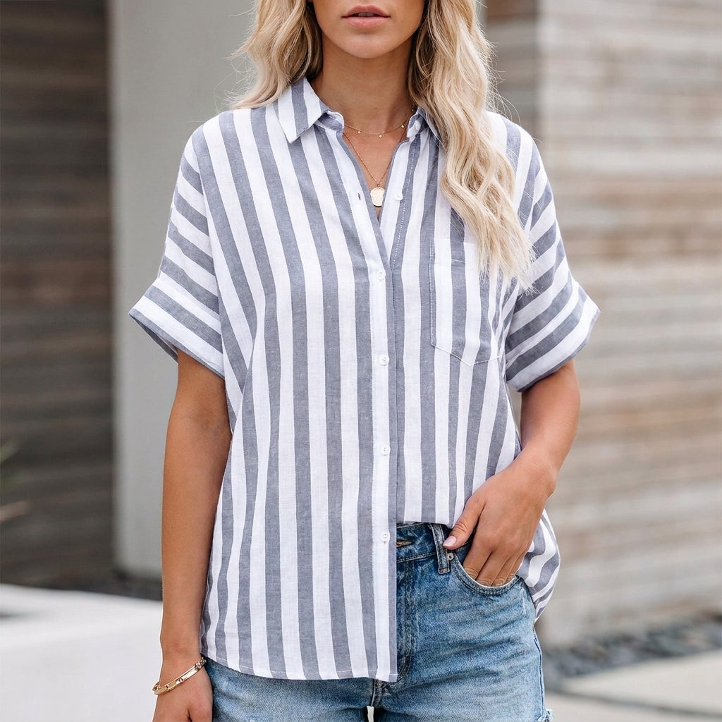 Relaxed Striped Button-Up Blouse with Effortless Coastal Summer Style