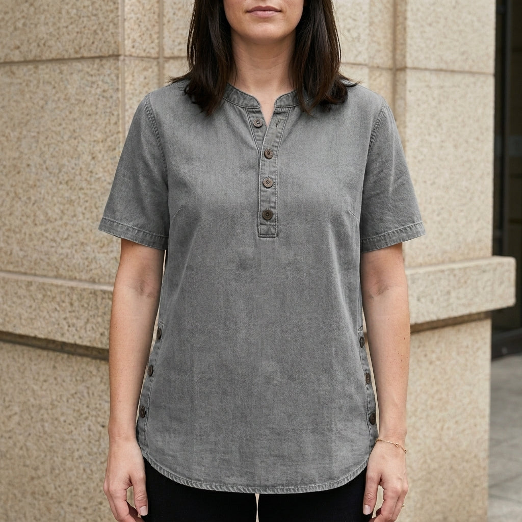 Relaxed Button-Front Denim Look Tunic Top