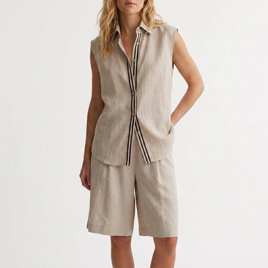 Relaxed Sleeveless Button-Up Shirt and Wide-Leg Pleated Shorts Set