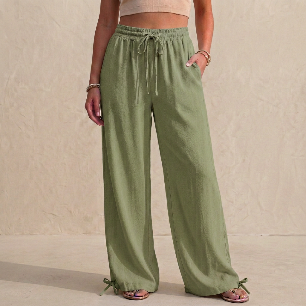 Relaxed Wide-Leg Trousers with Drawstring and Ankle Tie Detail