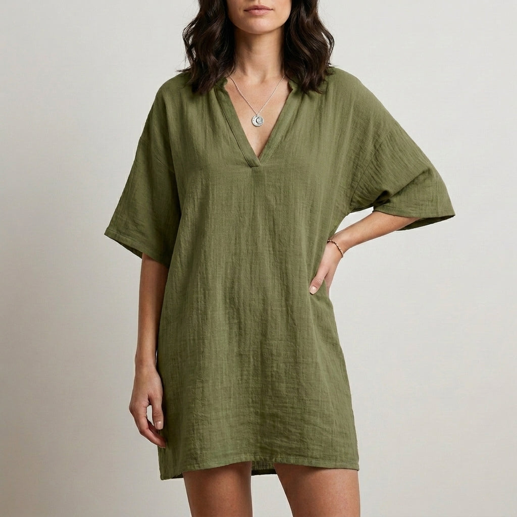 Relaxed V-Neck Mini Dress for Beach & Everyday Style