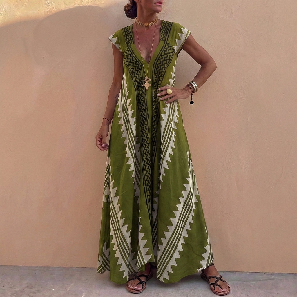 Bohemian-Inspired Flowing A-Line Maxi Dress with Deep V-Neck and Geometric Motifs