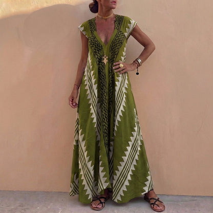 Bohemian-Inspired Flowing A-Line Maxi Dress with Deep V-Neck and Geometric Motifs
