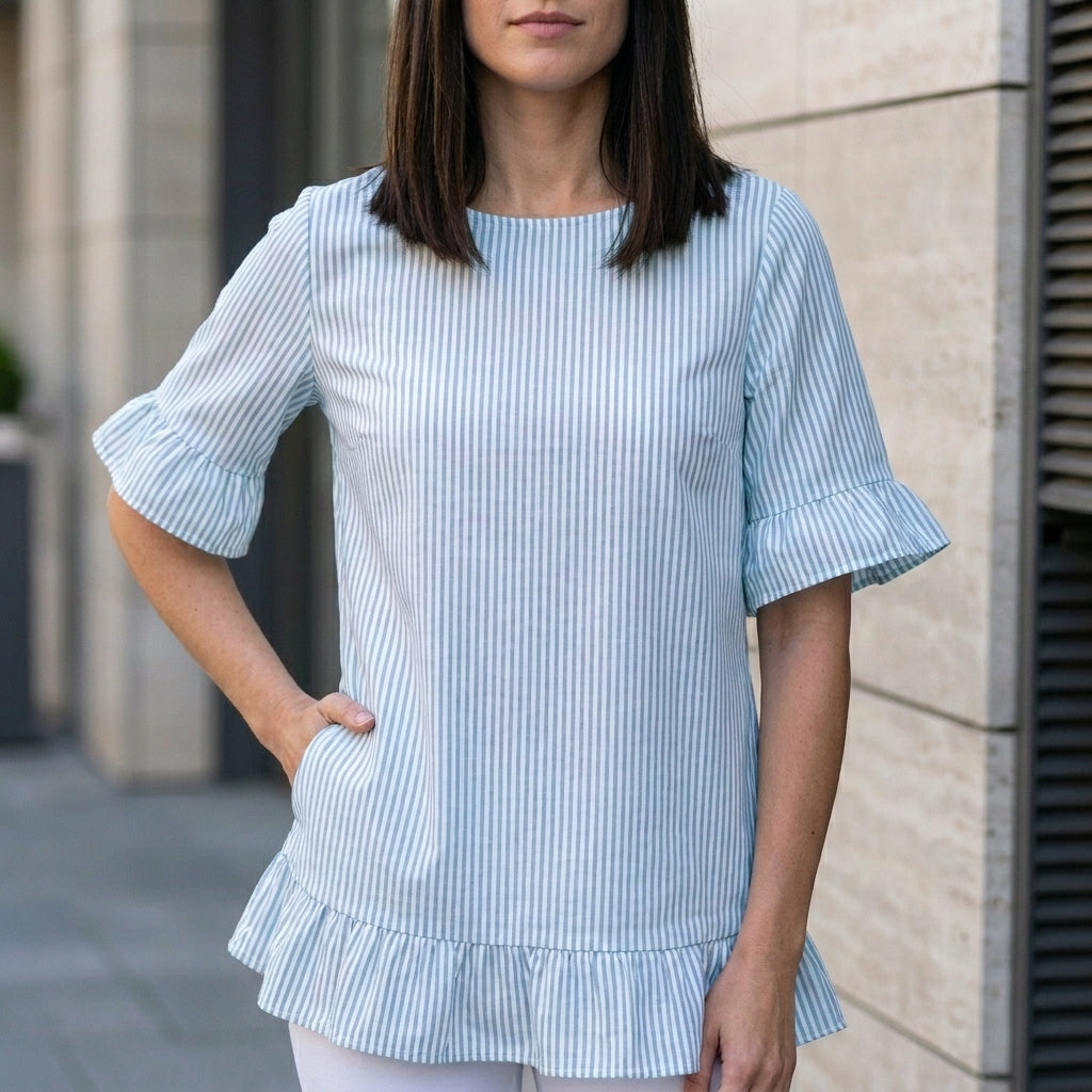 Relaxed Stripe Ruffle Hem Tunic Blouse for Women
