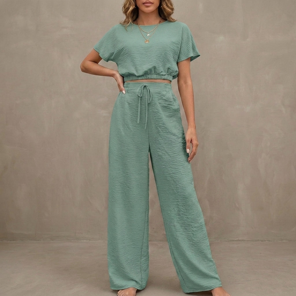 Coastal Breeze Textured Two-Piece Lounge Set with Wide-Leg Pants