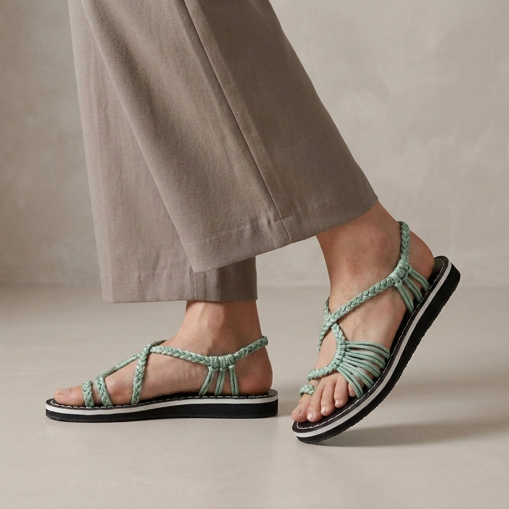 Braided Strappy Sandals with Wrapped Ankle and Contrast Stitching