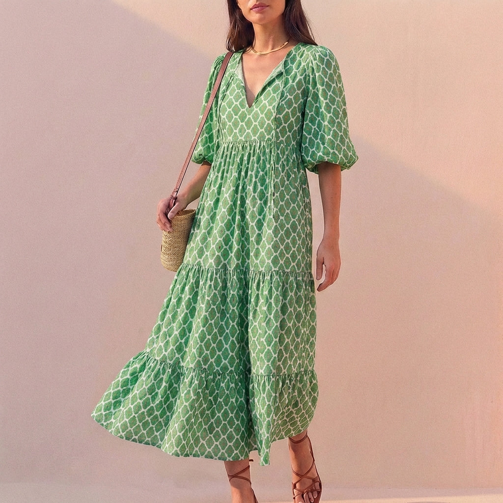 Elegant Flowing V-Neck Midi Dress with Puff Sleeves and Tiered Skirt