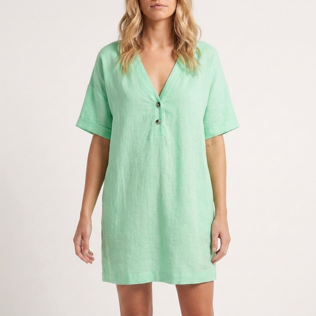 Relaxed V-Neck Mini Dress with Button Placket and Curved Hemline