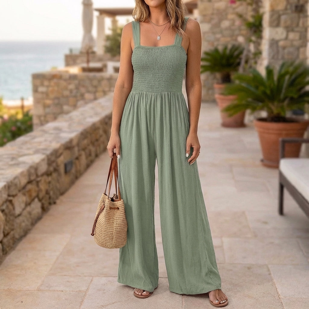 Relaxed Knit Maxi Jumpsuit with Smocked Square Neck and Wide Legs