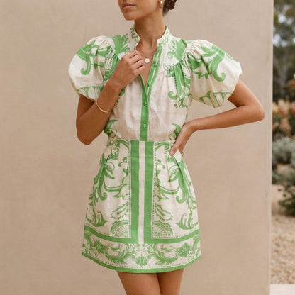 Puff Sleeve Mini Dress with Band Collar and A-Line Silhouette