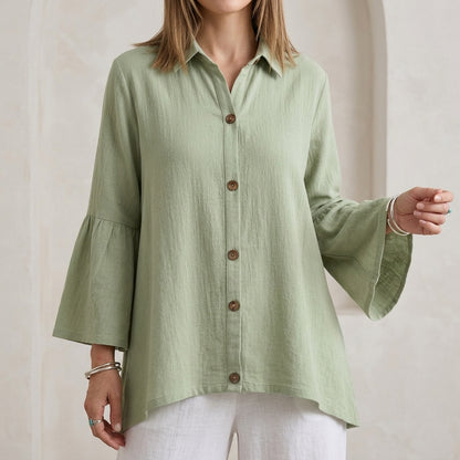 Relaxed Fit Textured Button-Down Blouse with Flared Bell Sleeves