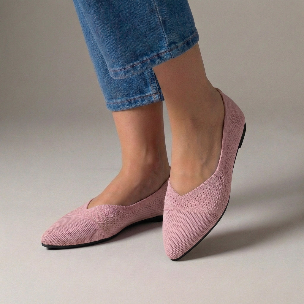 Elegant Pointed Toe Knit Slip-On Flats with Textured V-Cut Vamp