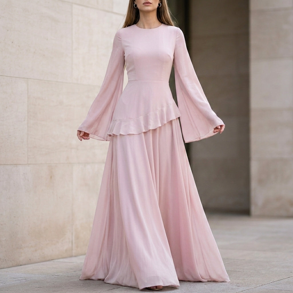Elegant Gala Maxi Dress with Flared Bell Sleeves and Ruffled Tier