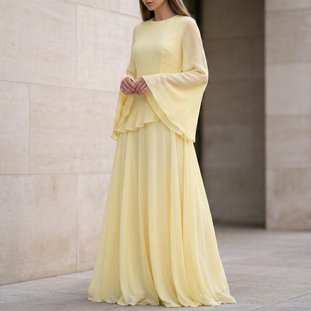 Elegant Gala Maxi Dress with Flared Bell Sleeves and Ruffled Tier